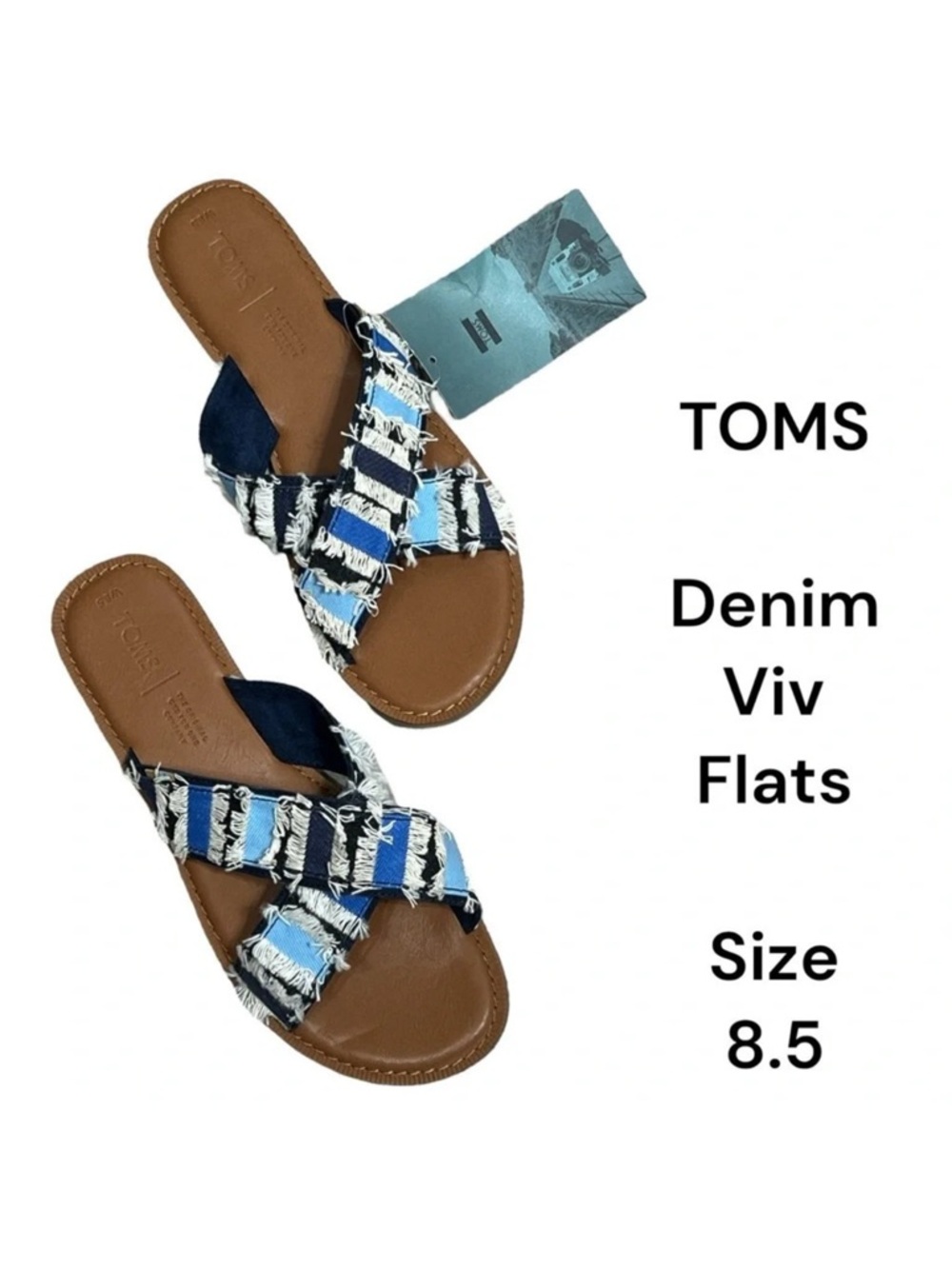 Toms blue denim slip on slides Viv flats size 8.5 - Picture 4 of 9